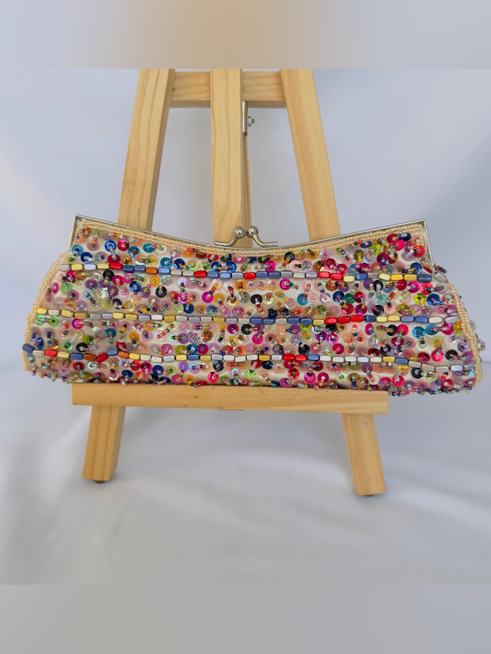 Vtg Beaded Clutch Bag Purse 10" Long Sequin Embelished Stripe Pattern Kiss-Lock